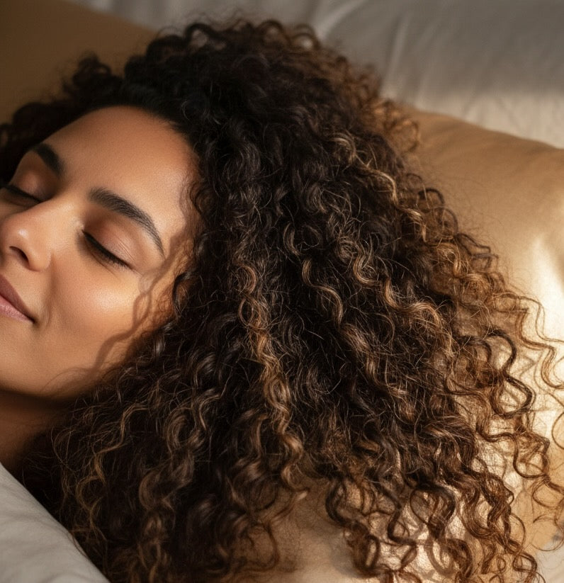 A woman with type 3 curly dark brown lying on a silk pillowcase