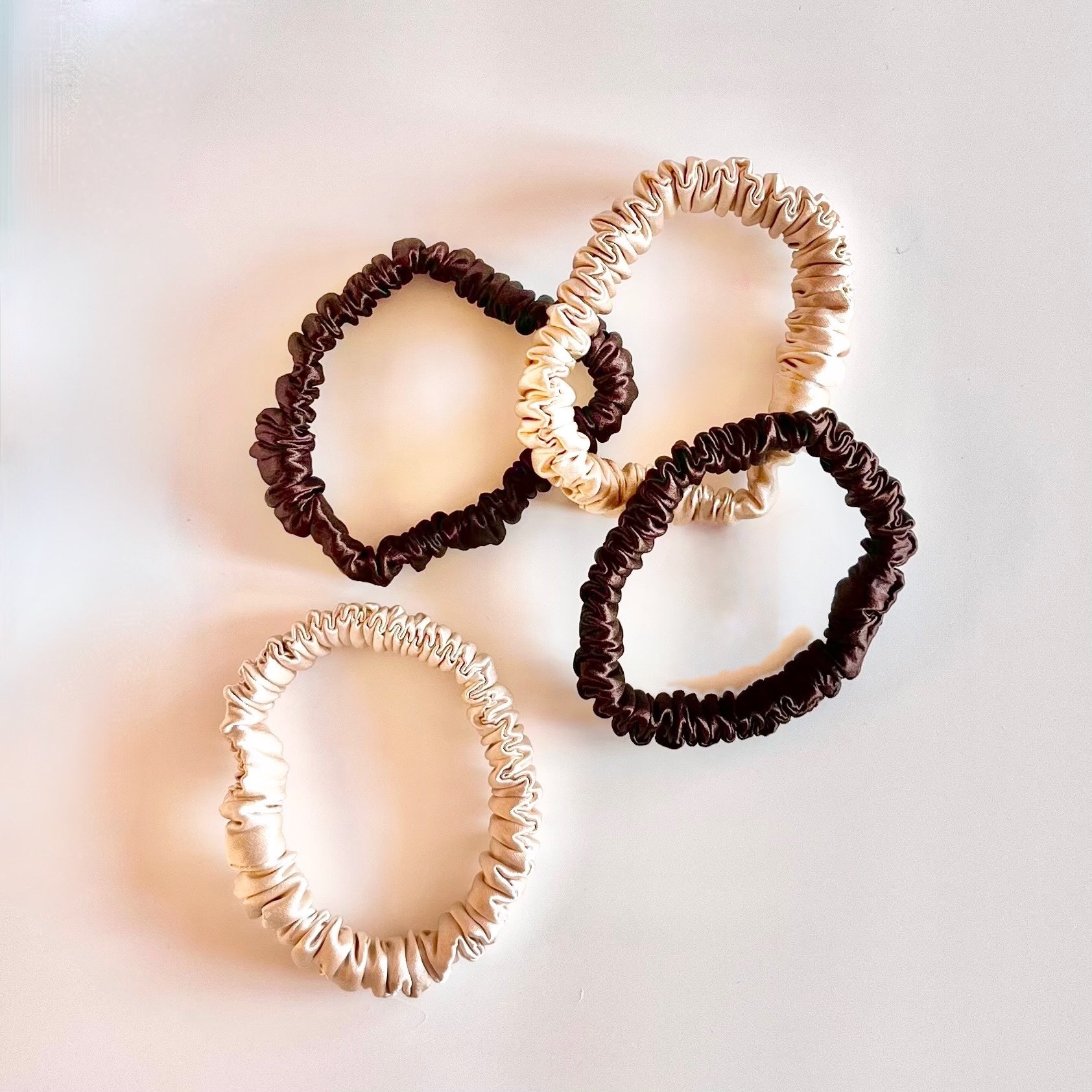 Gold and Chocolate Brown Mulberry Silk Scrunchies, Sleek Duo, 4 Pack