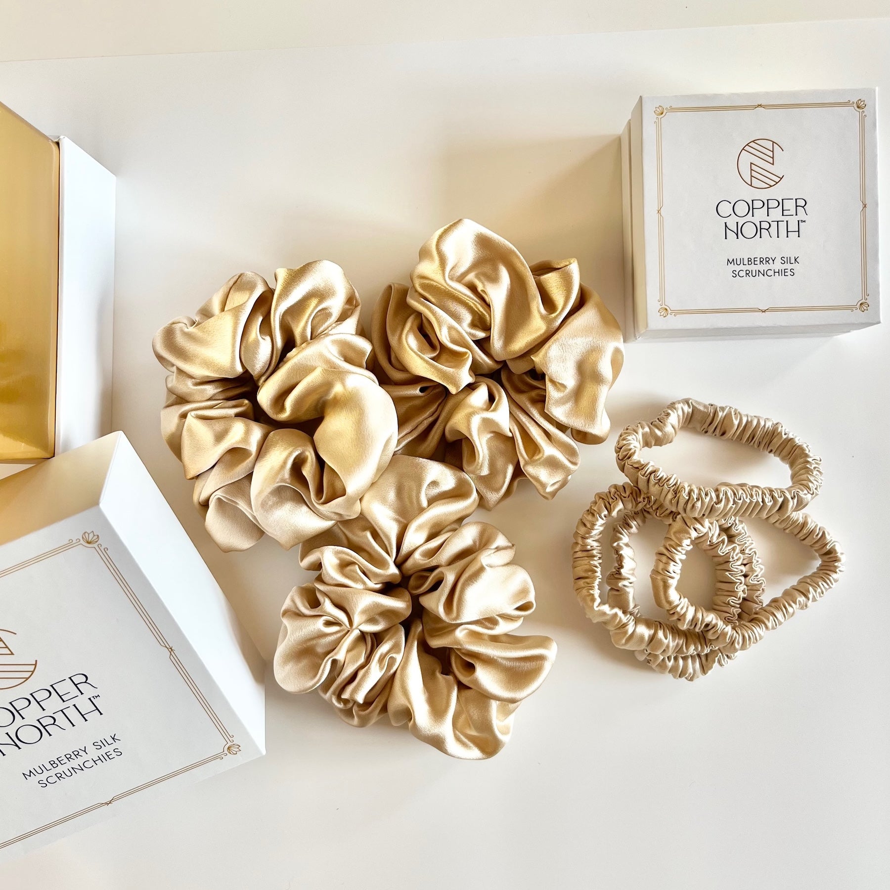 Gold Mulberry Silk Scrunchies, Sleek, 4 Pack