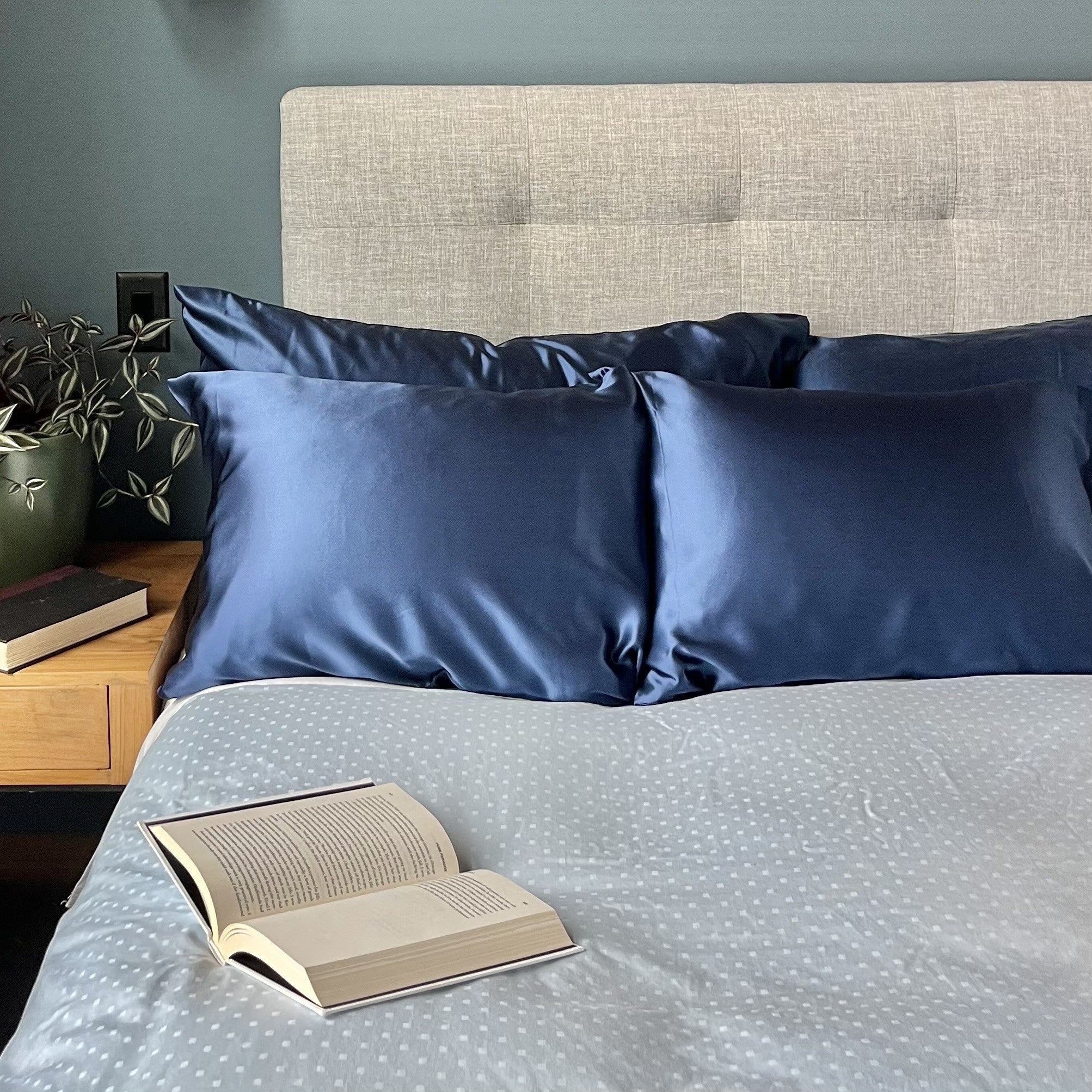 Deep blue 100% silk pillowcases infused with copper