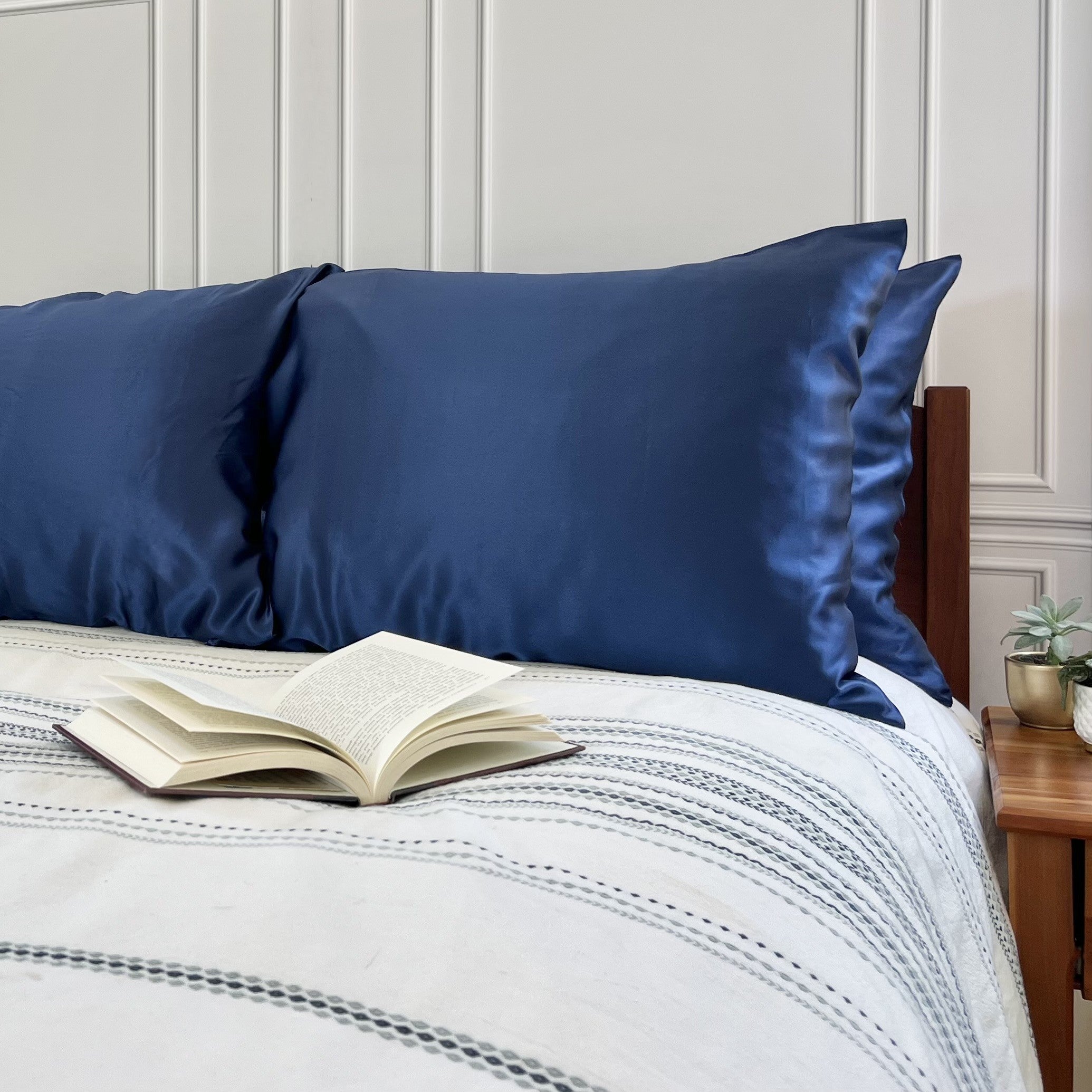 Deep blue 100% silk pillowcases infused with copper