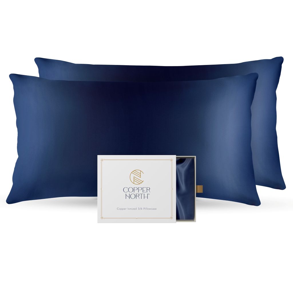Deep blue 100% silk pillowcases infused with copper