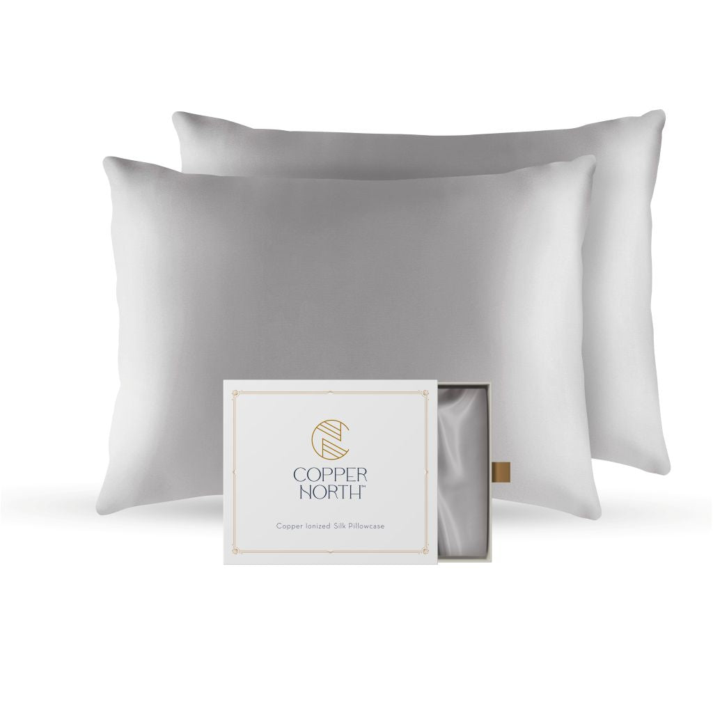 Light gray 100% silk pillowcases infused with copper