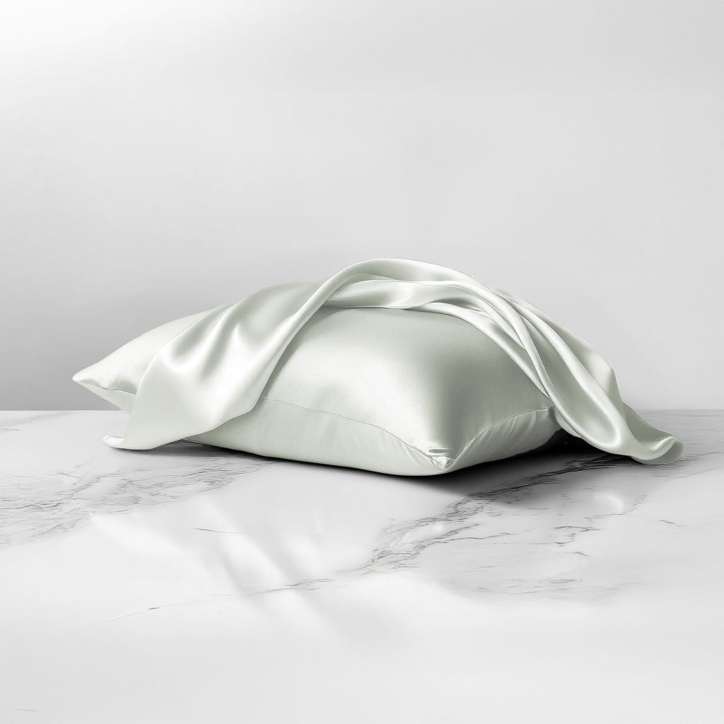 Copper North silk pillowcase infused with copper on a marble surface with a light gray background