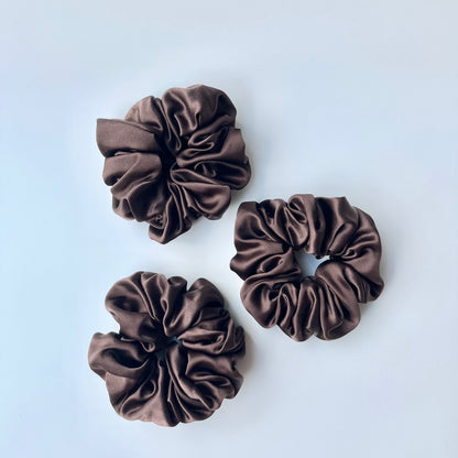 Chocolate Brown Mulberry Silk Scrunchies, Classic, 3 Pack
