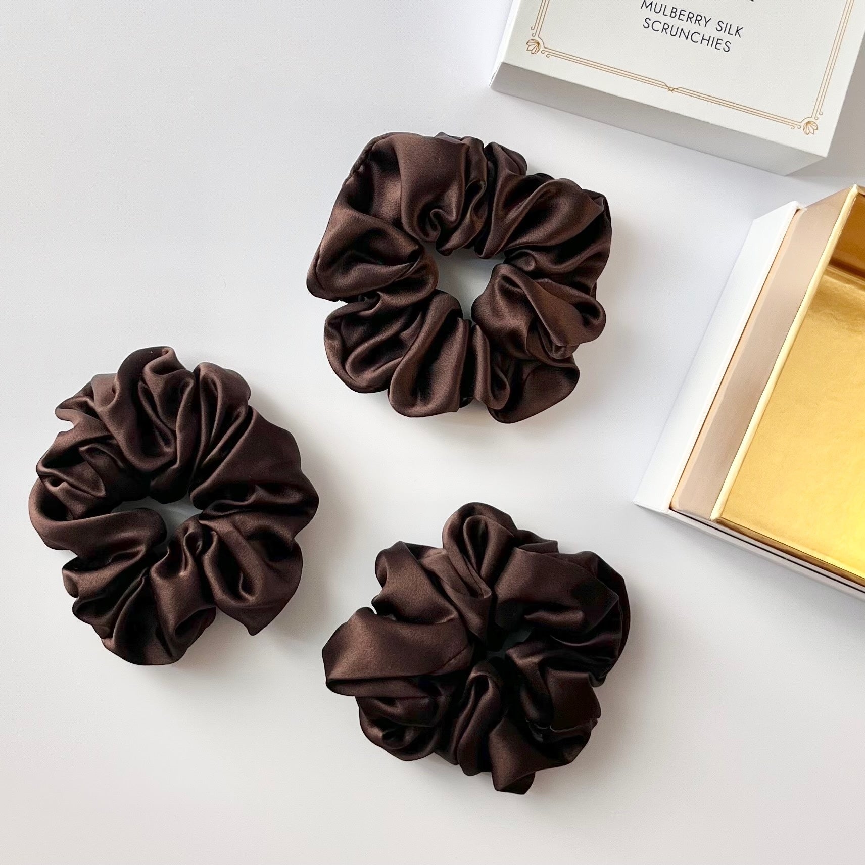 Chocolate Brown Mulberry Silk Scrunchies, Classic, 3 Pack