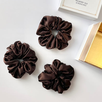 Chocolate Brown Mulberry Silk Scrunchies, Classic, 3 Pack
