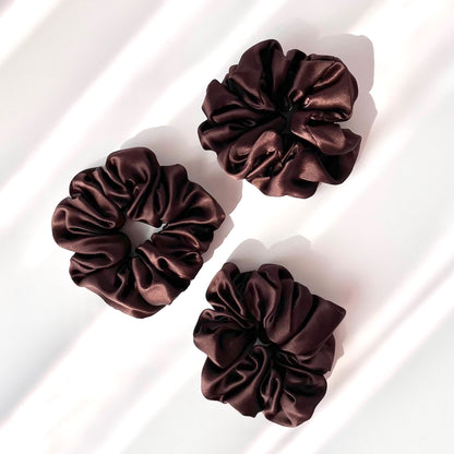 Chocolate Brown Mulberry Silk Scrunchies, Classic, 3 Pack