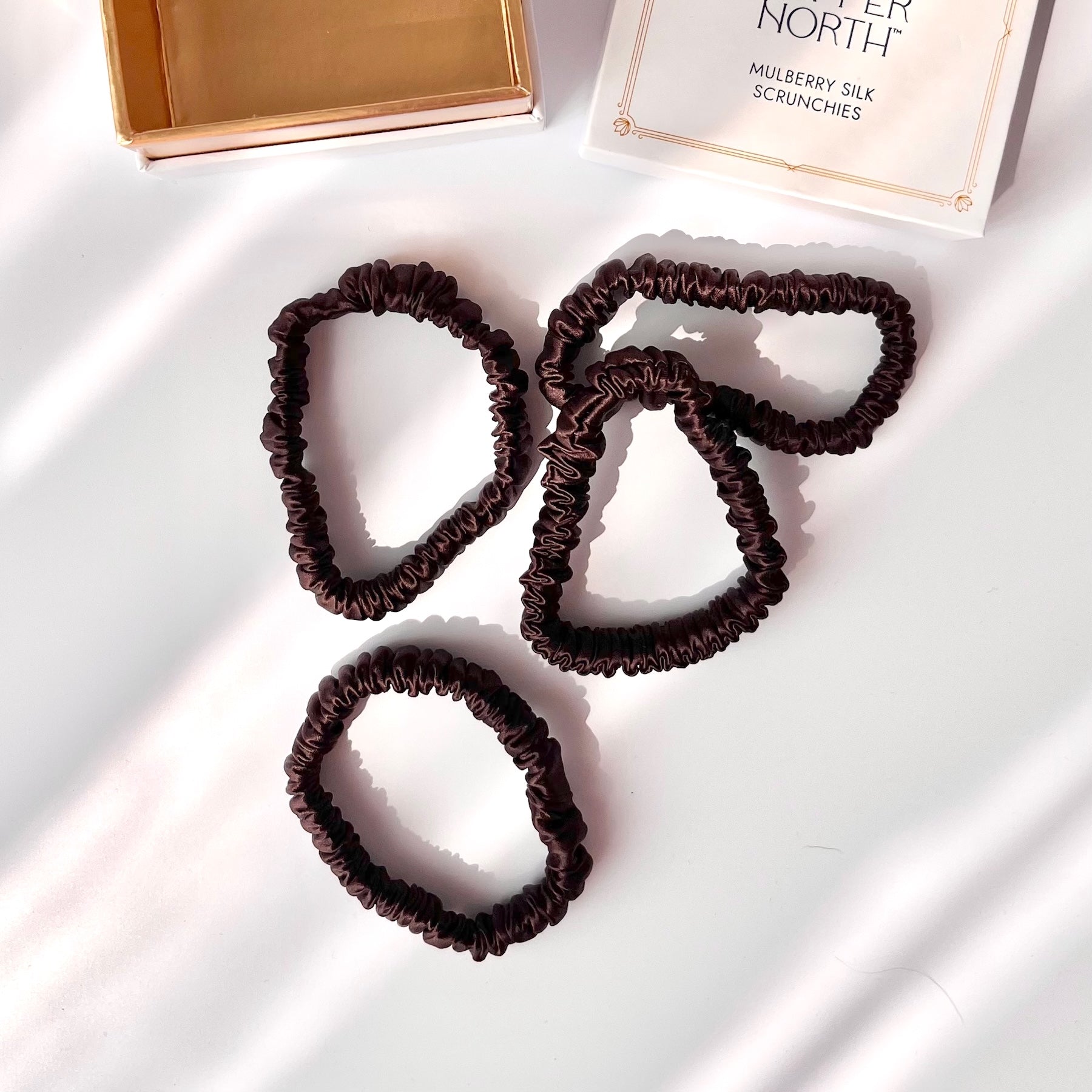 Chocolate Brown Mulberry Silk Scrunchies, Sleek, 4 Pack