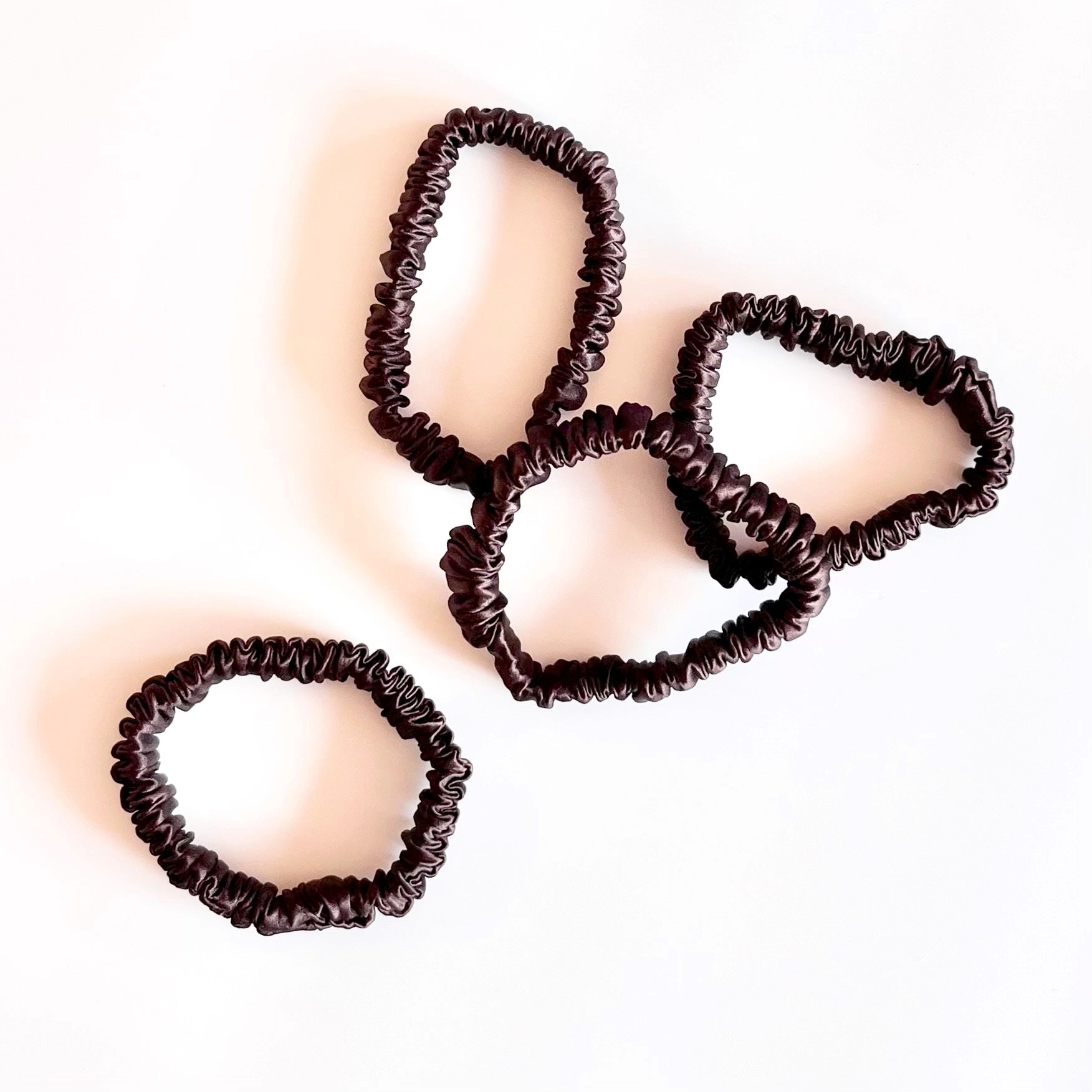 Chocolate Brown Mulberry Silk Scrunchies, Sleek, 4 Pack