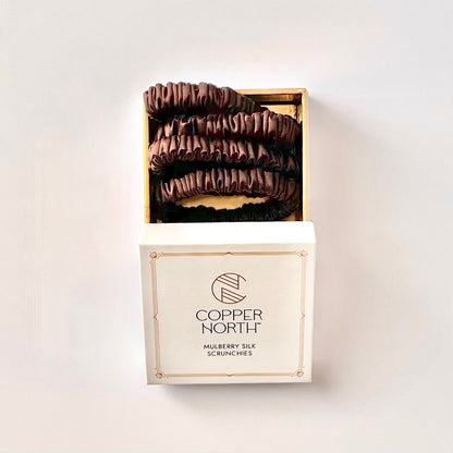 Chocolate Brown Mulberry Silk Scrunchies, Sleek, 4 Pack