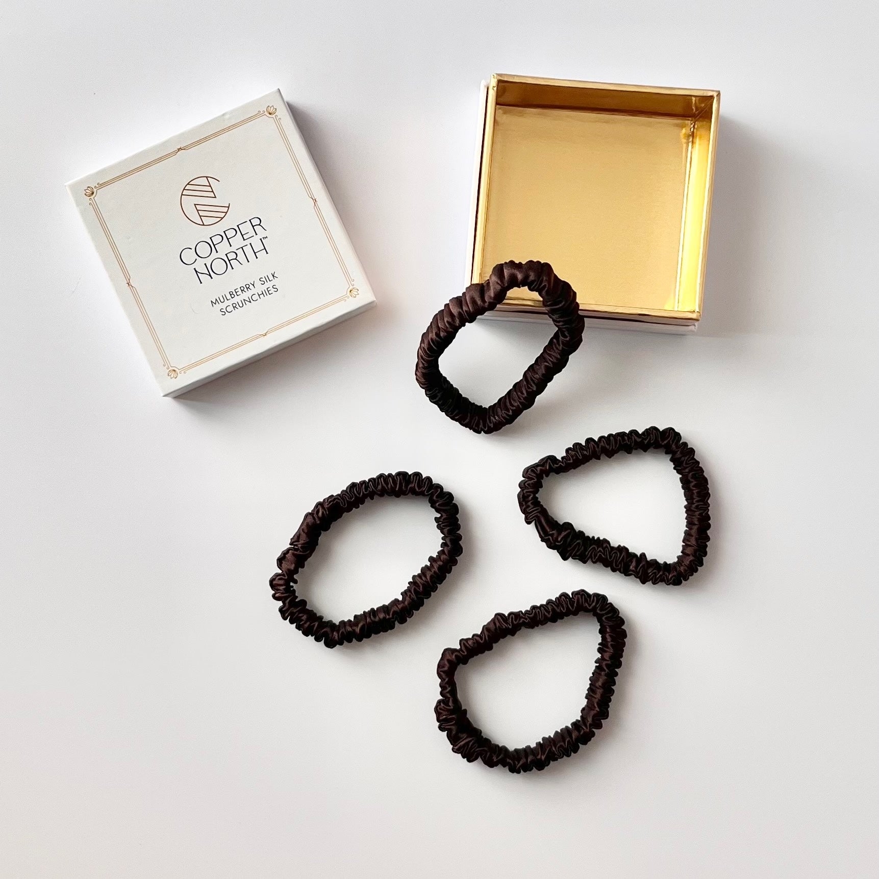 Chocolate Brown Mulberry Silk Scrunchies, Sleek, 4 Pack