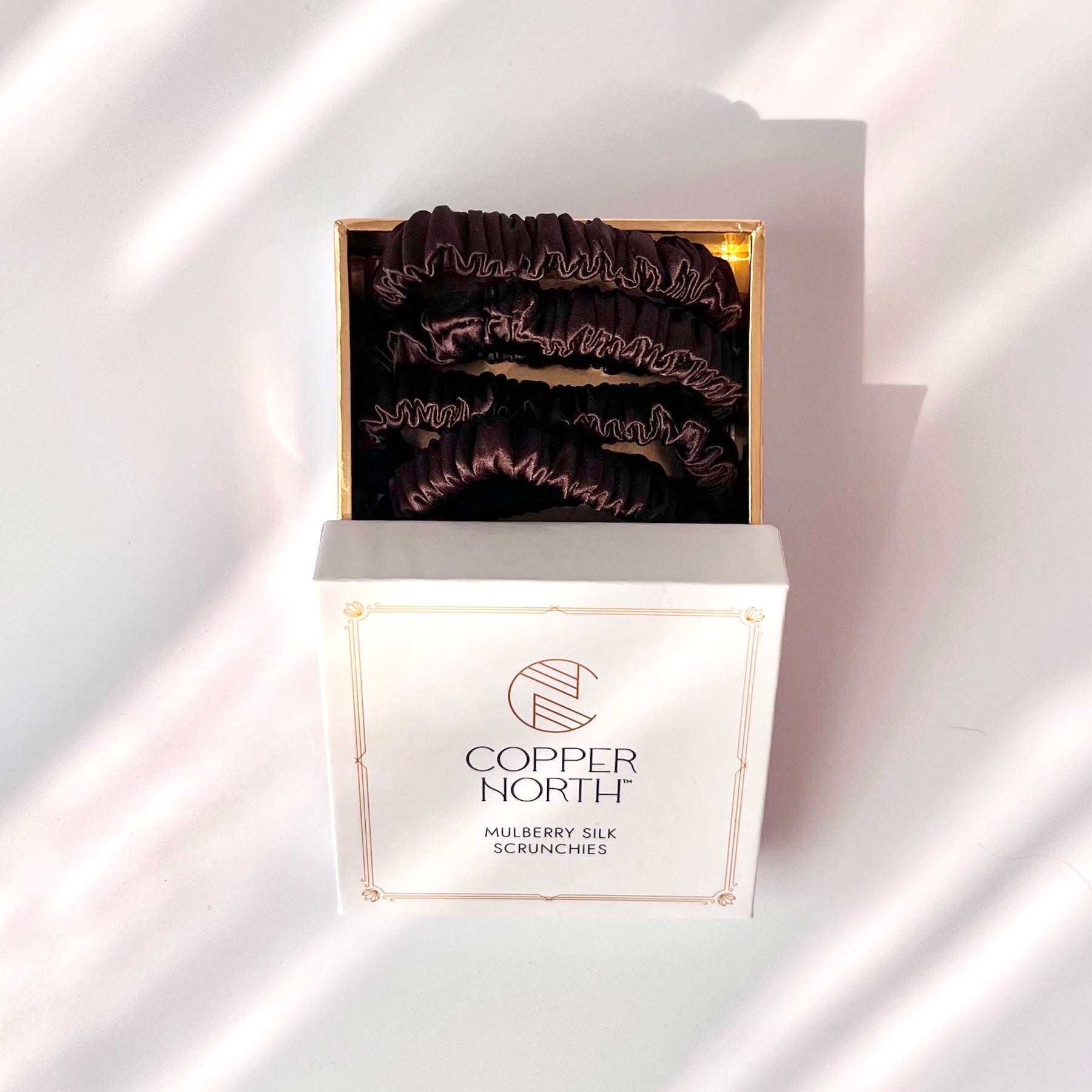 Chocolate Brown Mulberry Silk Scrunchies, Sleek, 4 Pack
