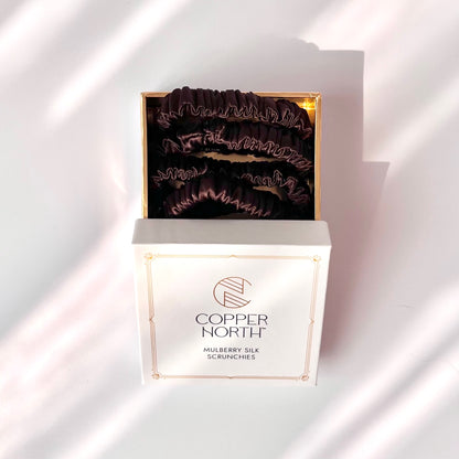Chocolate Brown Mulberry Silk Scrunchies, Sleek, 4 Pack