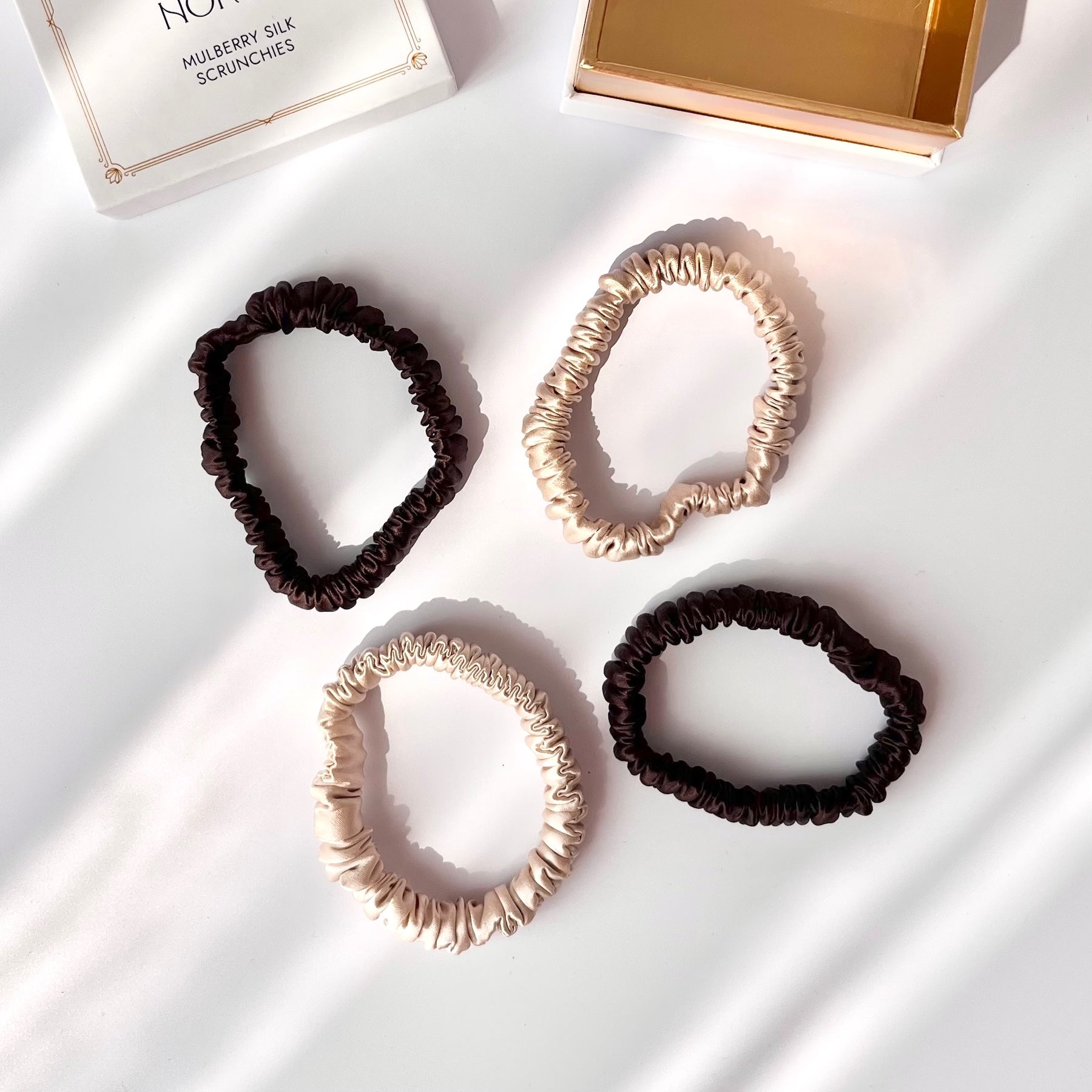 Gold and Chocolate Brown Mulberry Silk Scrunchies, Sleek Duo, 4 Pack
