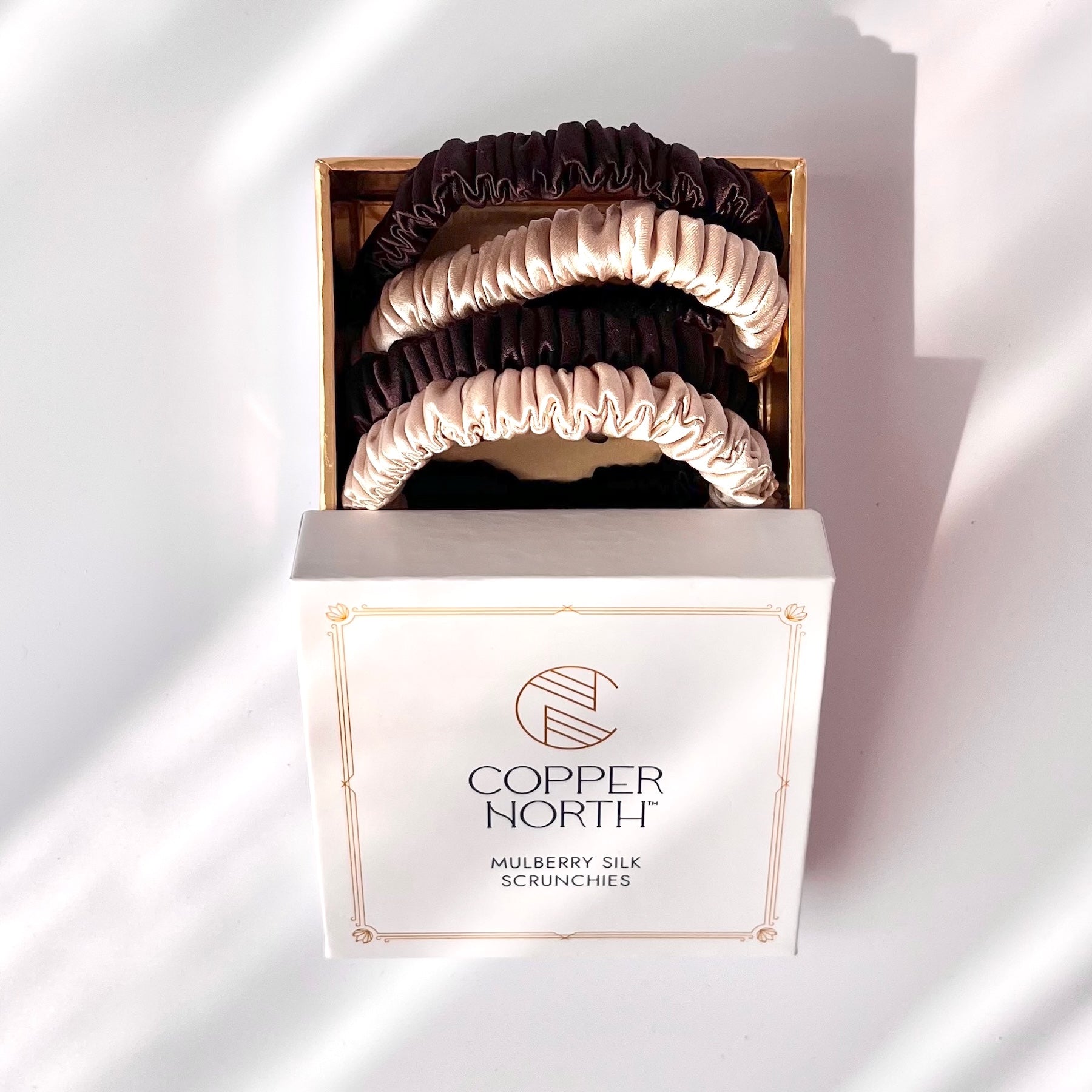 Gold and Chocolate Brown Mulberry Silk Scrunchies, Sleek Duo, 4 Pack