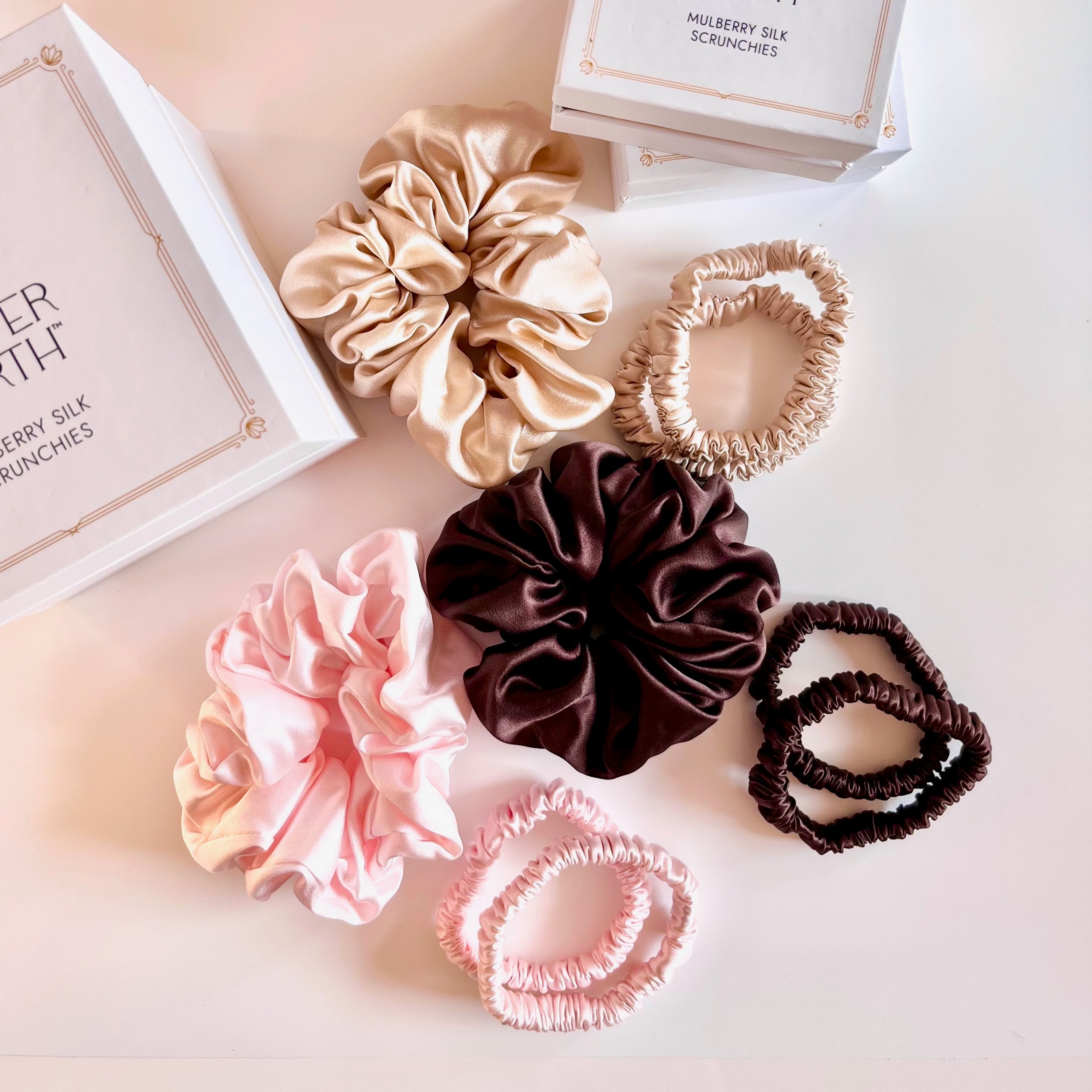 Gold and Chocolate Brown Mulberry Silk Scrunchies, Sleek Duo, 4 Pack