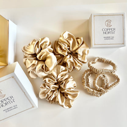 Gold Mulberry Silk Scrunchies, Sleek, 4 Pack