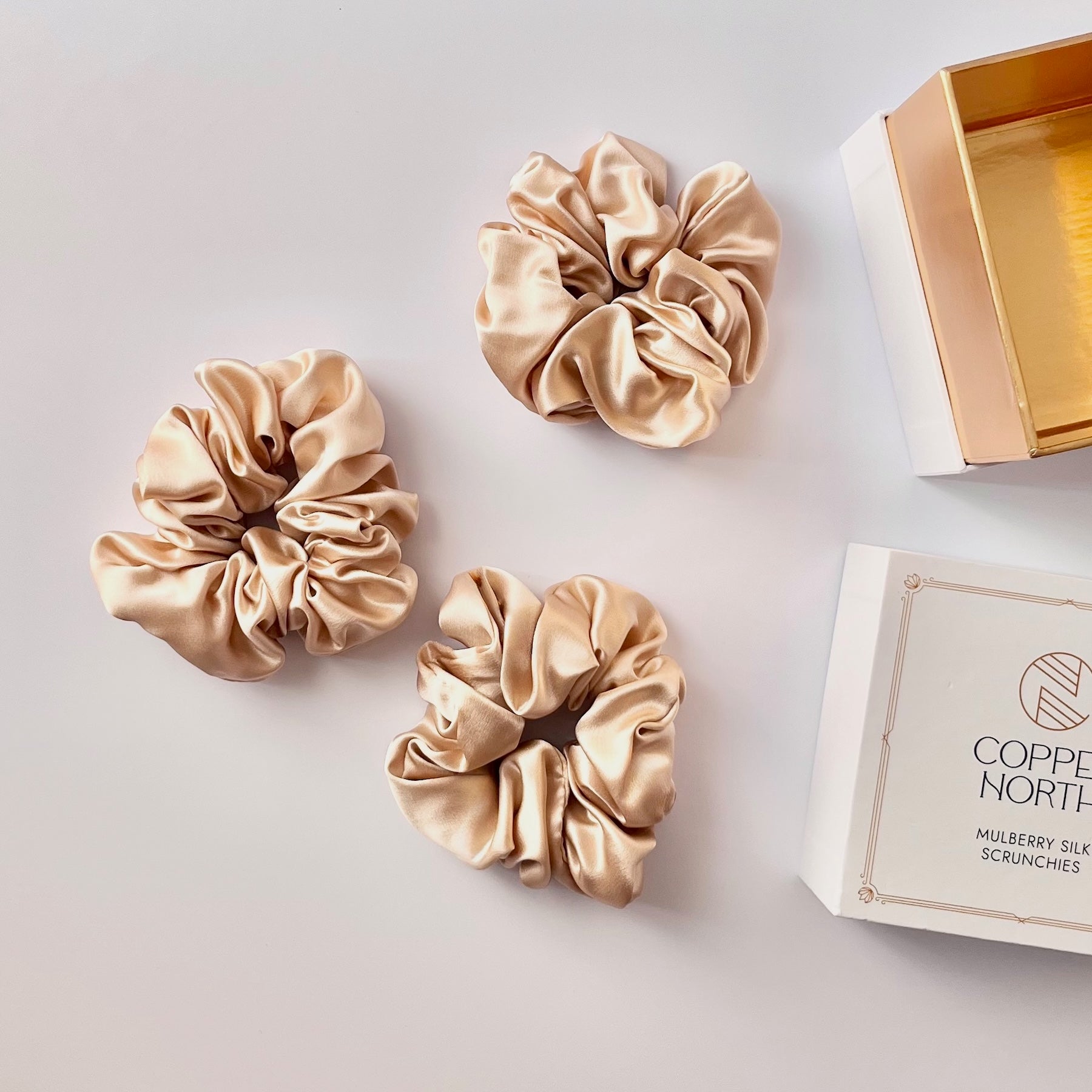 Gold Mulberry Silk Scrunchies, Classic, 3 Pack