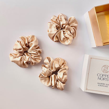Gold Mulberry Silk Scrunchies, Classic, 3 Pack