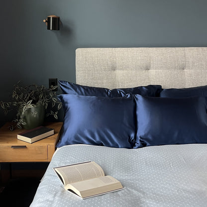 Deep blue 100% silk pillowcases infused with copper