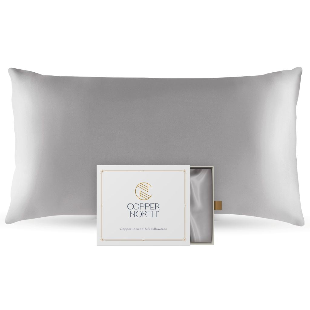 Light gray 100% silk pillowcases infused with copper