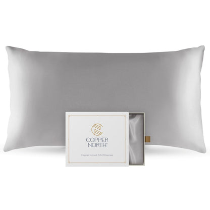 Light gray 100% silk pillowcases infused with copper