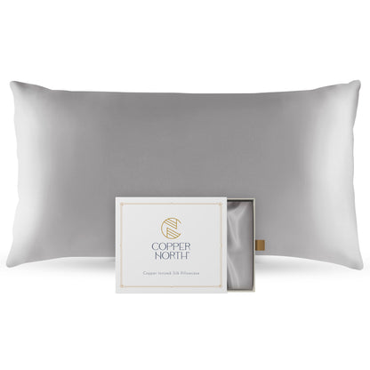 Light gray 100% silk pillowcases infused with copper