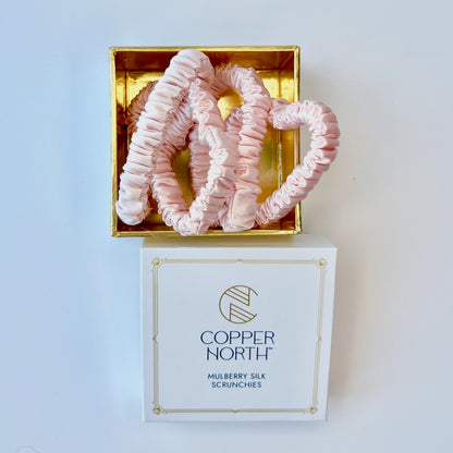 Rose Pink Mulberry Silk Scrunchies, Sleek, 4 Pack